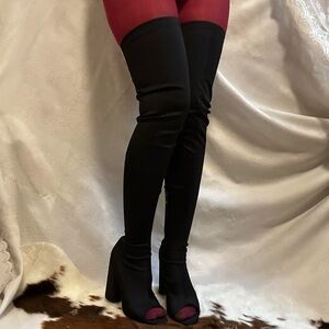 EGO Black Over-the-Knee Peep-Toe Block Heel Boots with Burgundy Accents